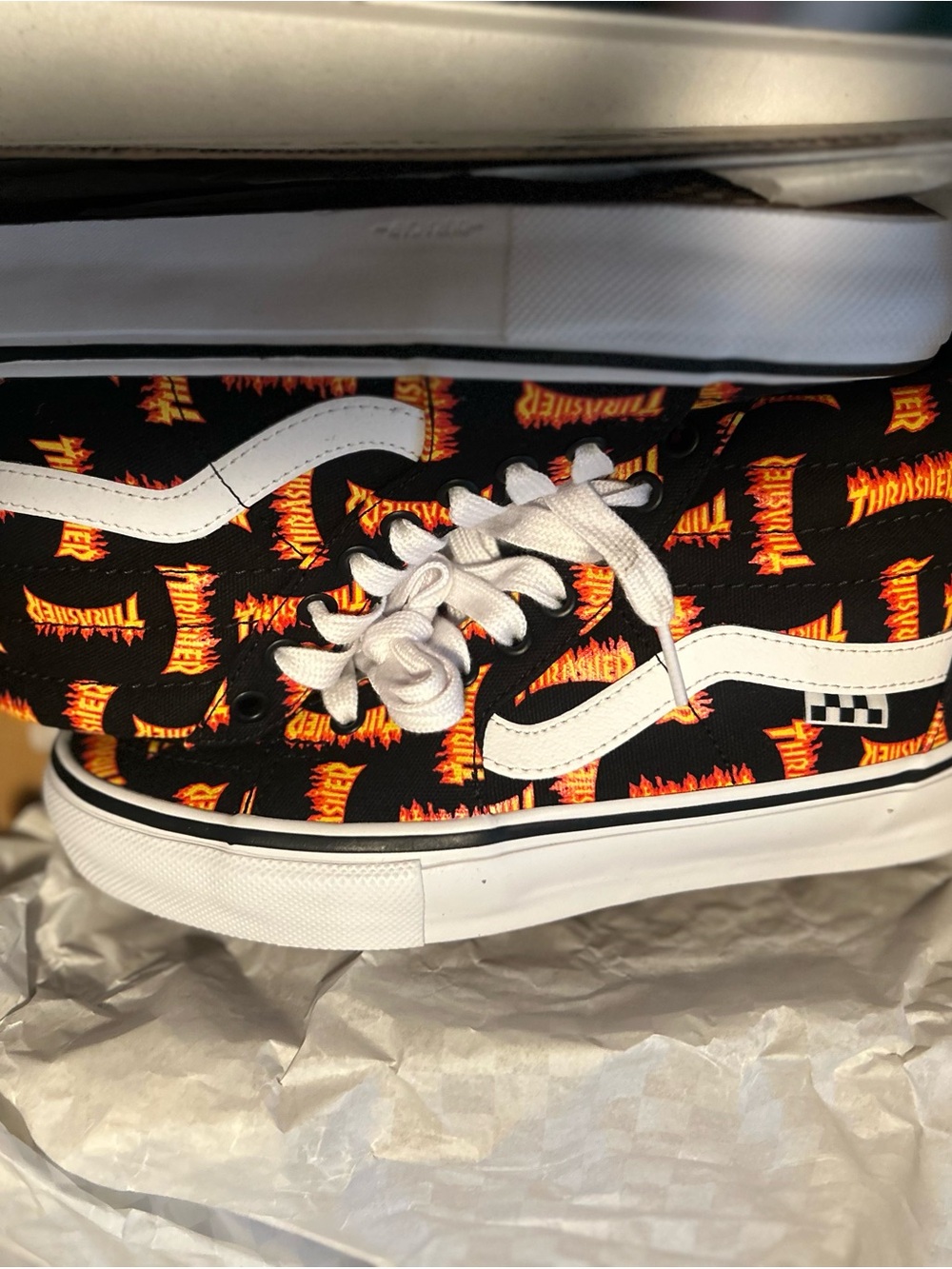 Thrasher Black Canvas Kids Sneakers with Orange & Yellow Flame Print